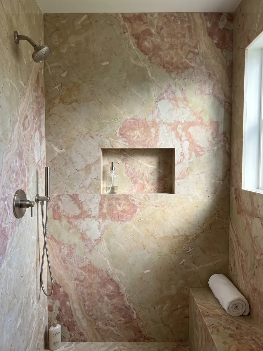 Shower clad in full slabs of beige Breccia D'Aragona marble with a recessed niche: large greenish beige fragments with coral pink patches along the left edge