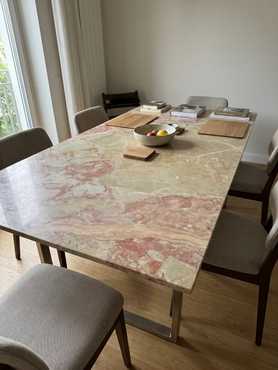 Dining table with a beige Breccia D'Aragona marble top on a steel base: large greenish beige fragments with coral pink patches along the left edge