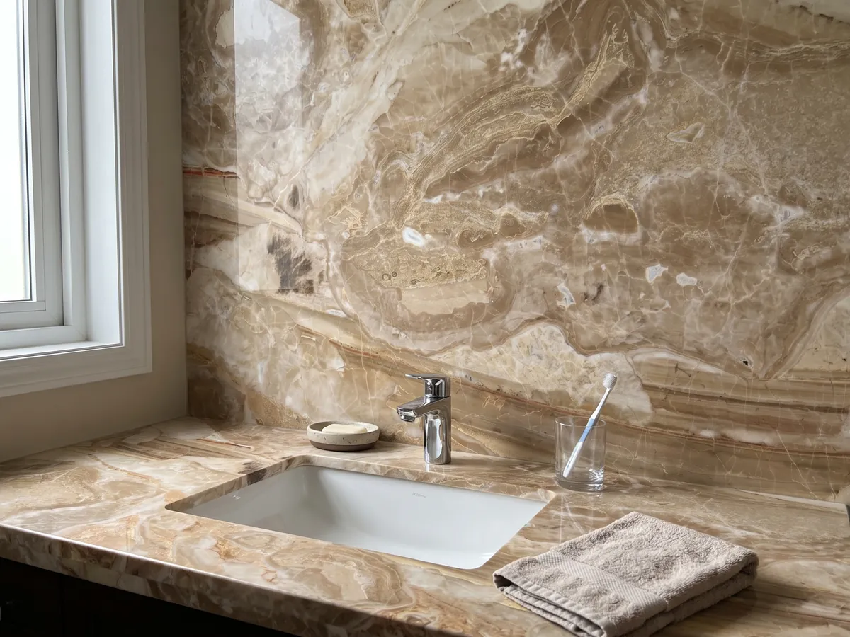 Bathroom vanity top and wall in Breccia Oniciata beige marble with a white sink and chrome faucets: golden beige fragments with concentric waves and a striped brown band at the bottom