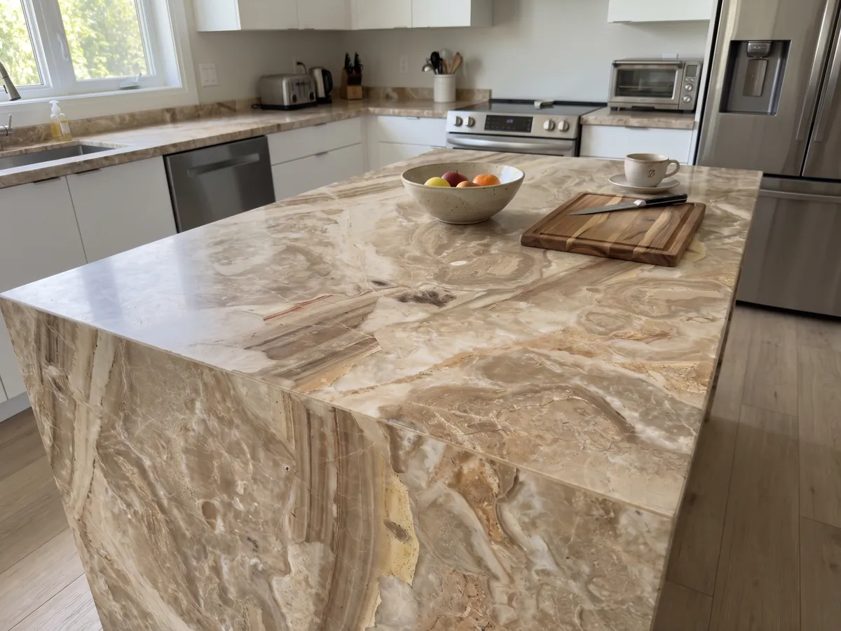 Kitchen island with a Breccia Oniciata beige marble countertop and a straight edge in a kitchen with natural light: golden beige fragments with concentric waves and a striped brown band at the bottom
