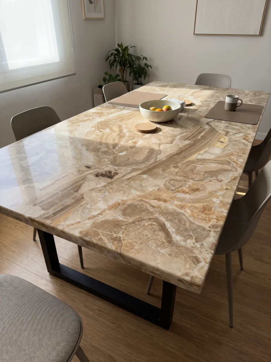 Dining table with a Breccia Oniciata beige marble top on a steel base: golden beige fragments with concentric waves and a striped brown band at the bottom