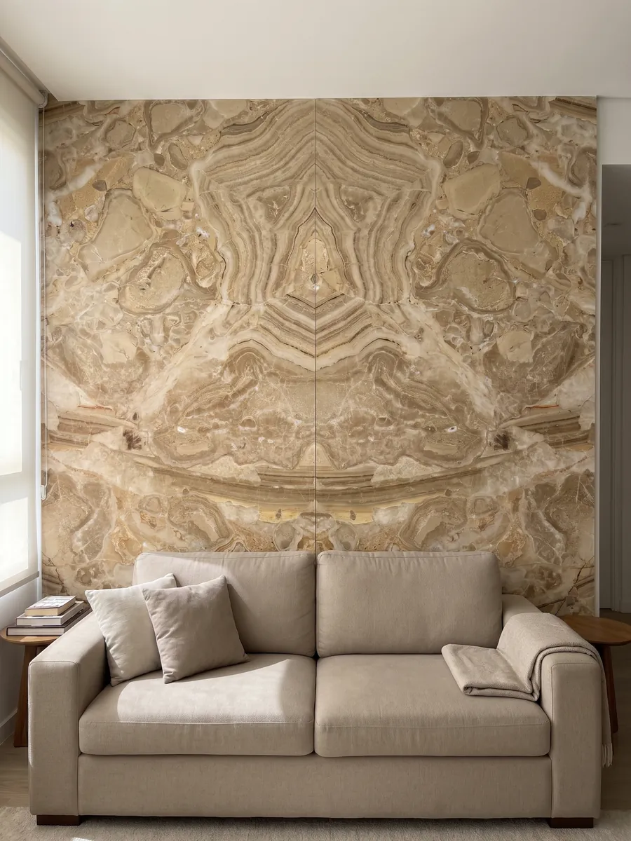 Living room wall clad in bookmatched Breccia Oniciata beige marble slabs behind a sofa: golden beige fragments with concentric waves and a striped brown band at the bottom