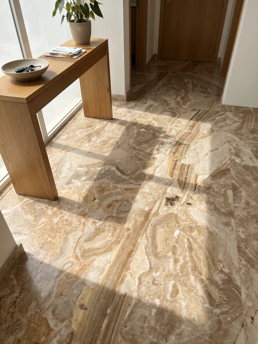 Entryway floor in large Breccia Oniciata beige marble slabs with natural light: golden beige fragments with concentric waves and a striped brown band at the bottom
