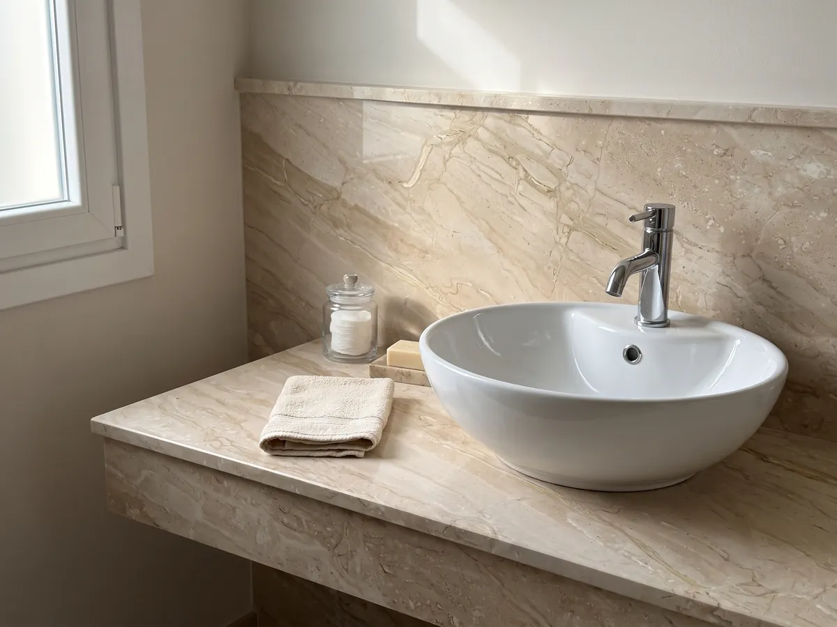 Vanity top and bathroom wall in beige Breccia Sarda marble with a white sink and chrome faucets: warm beige with diagonal cream and light brown veins