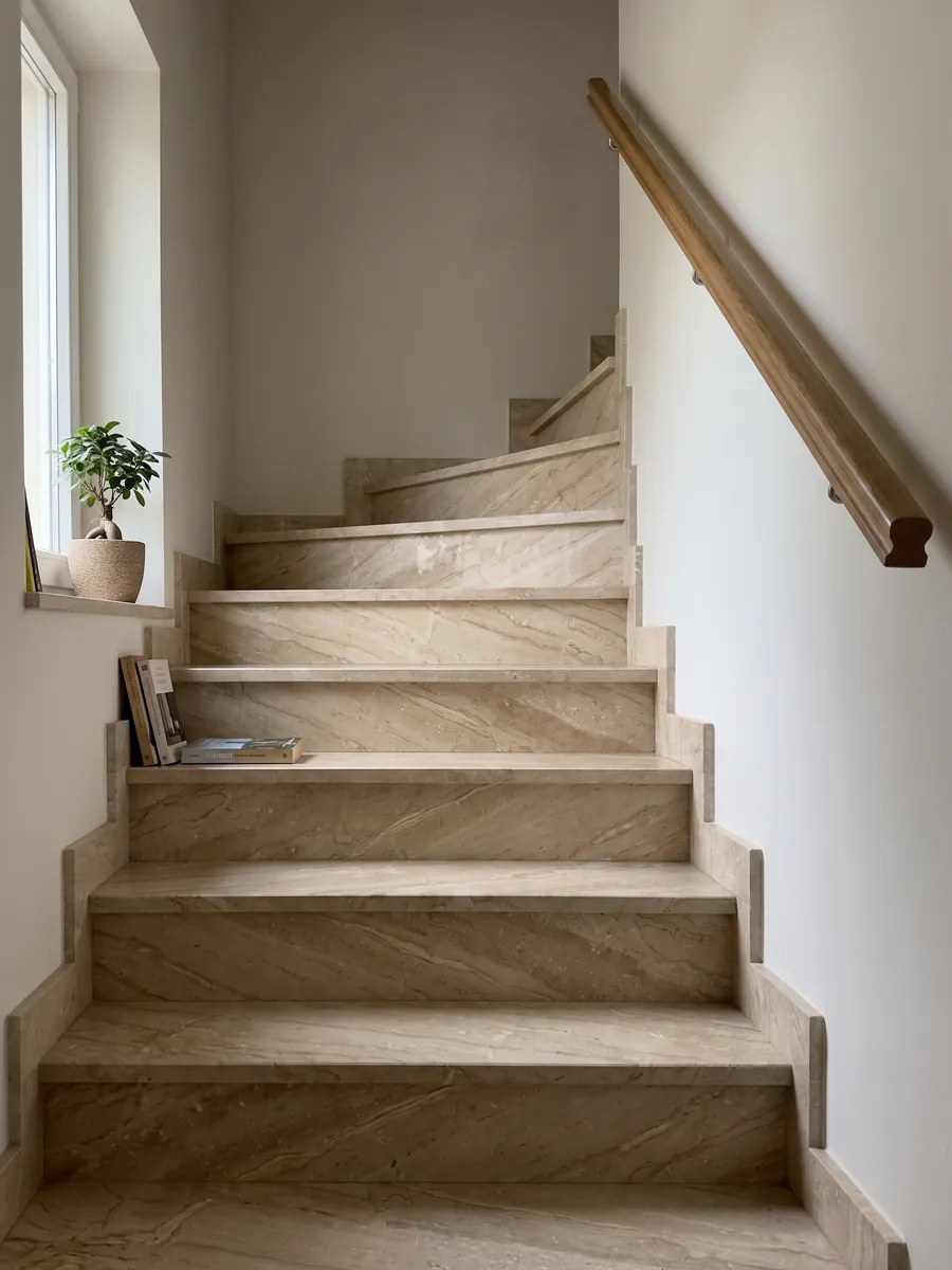 Interior staircase with beige Breccia Sarda marble steps and a handrail: warm beige with diagonal cream and light brown veins