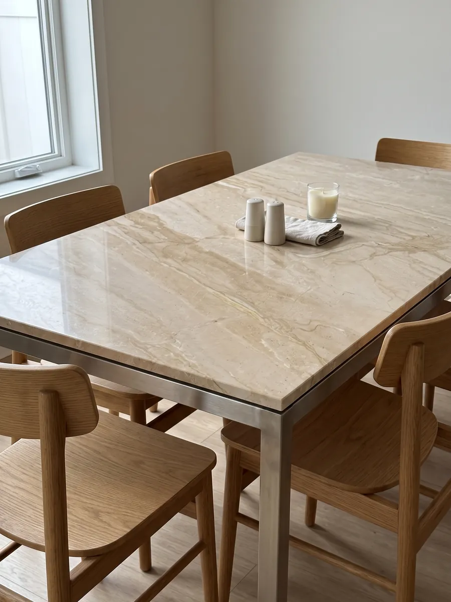 Dining table with a beige Breccia Sarda marble top on a steel base: warm beige with diagonal cream and light brown veins