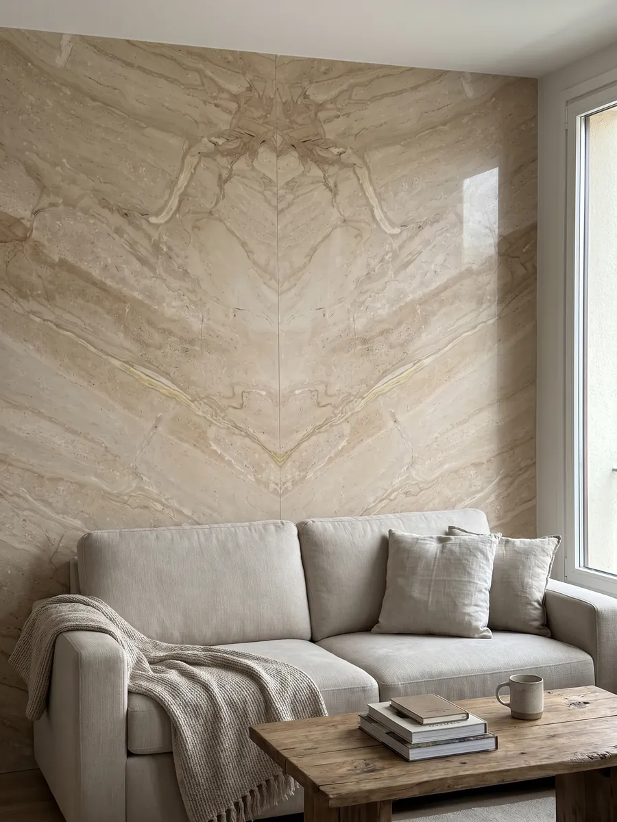 Living room wall clad in bookmatched slabs of beige Breccia Sarda marble behind a sofa: warm beige with diagonal cream and light brown veins