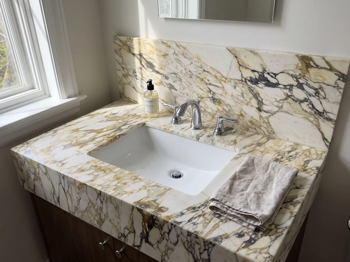 Bathroom vanity top and wall in beige Calacatta Monet Gold marble with a white sink and chrome faucets: cream fragments in a dense network of gold and gray veins