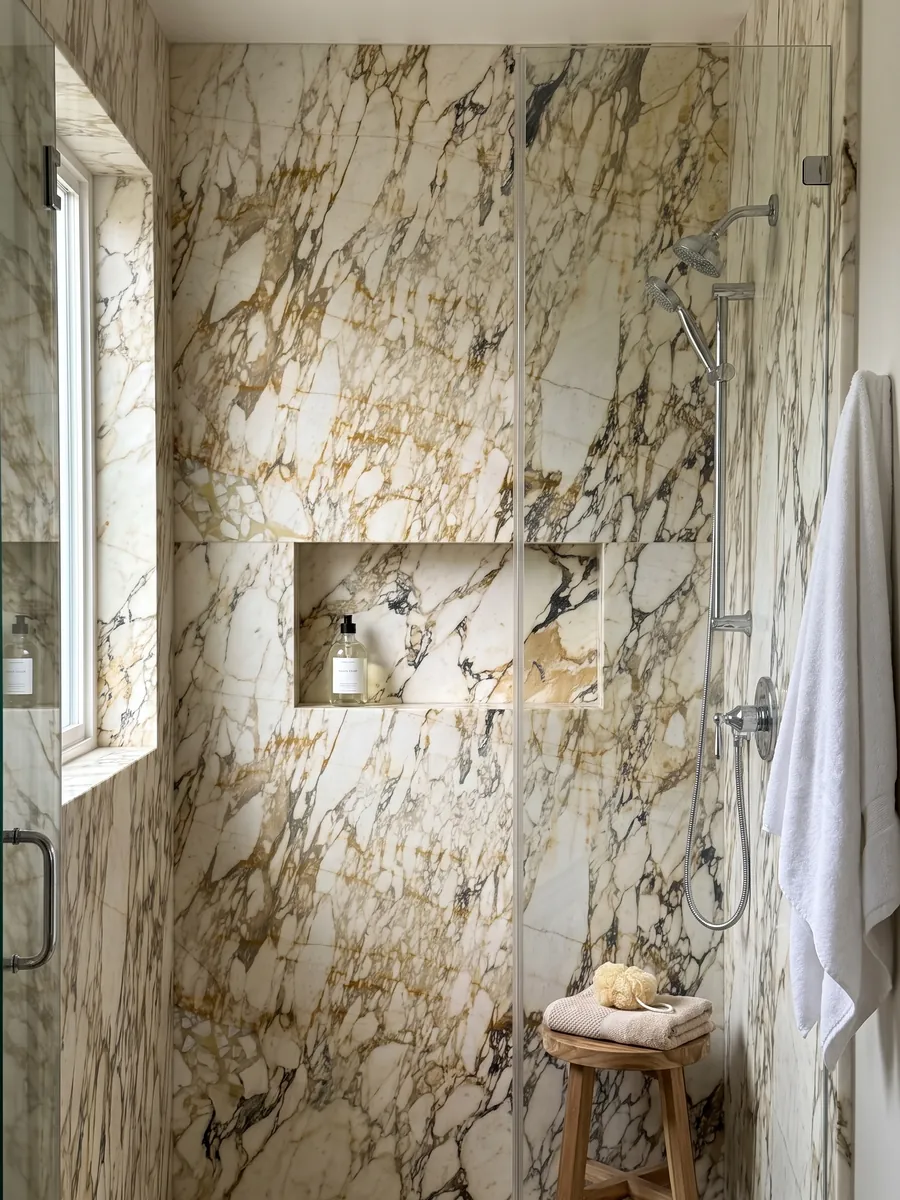 Shower clad in full slabs of beige Calacatta Monet Gold marble with a recessed niche: cream fragments in a dense network of gold and gray veins