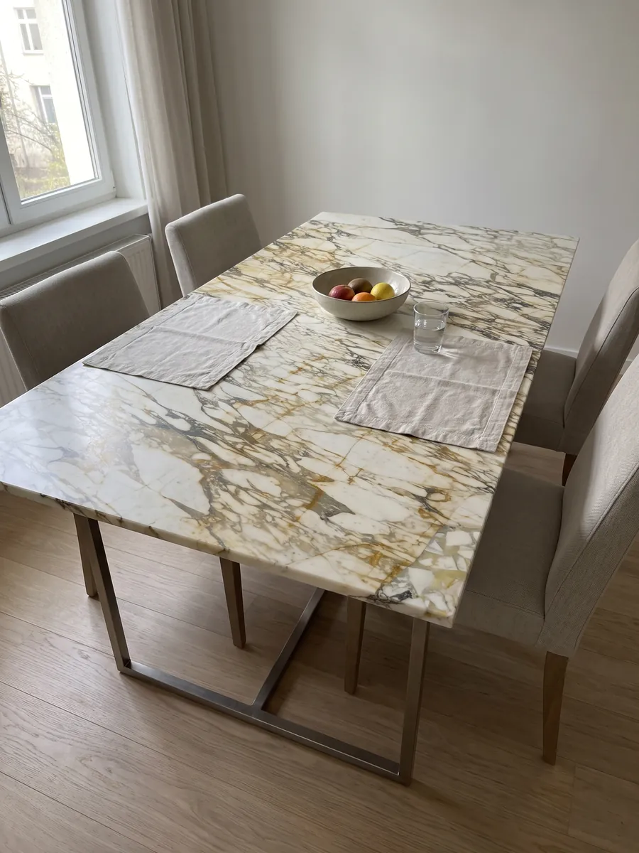 Dining table with a beige Calacatta Monet Gold marble top on a steel base: cream fragments in a dense network of gold and gray veins