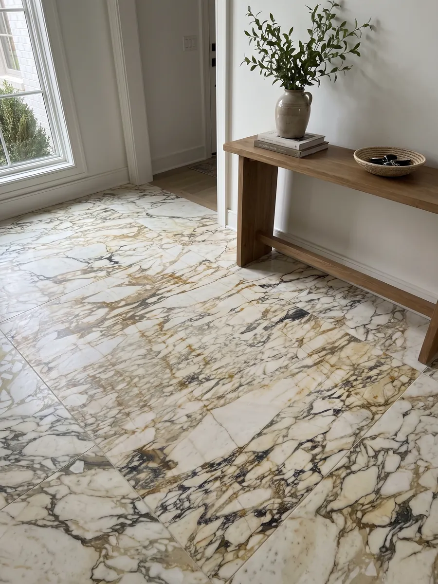 Entryway floor in large slabs of beige Calacatta Monet Gold marble with natural light: cream fragments in a dense network of gold and gray veins