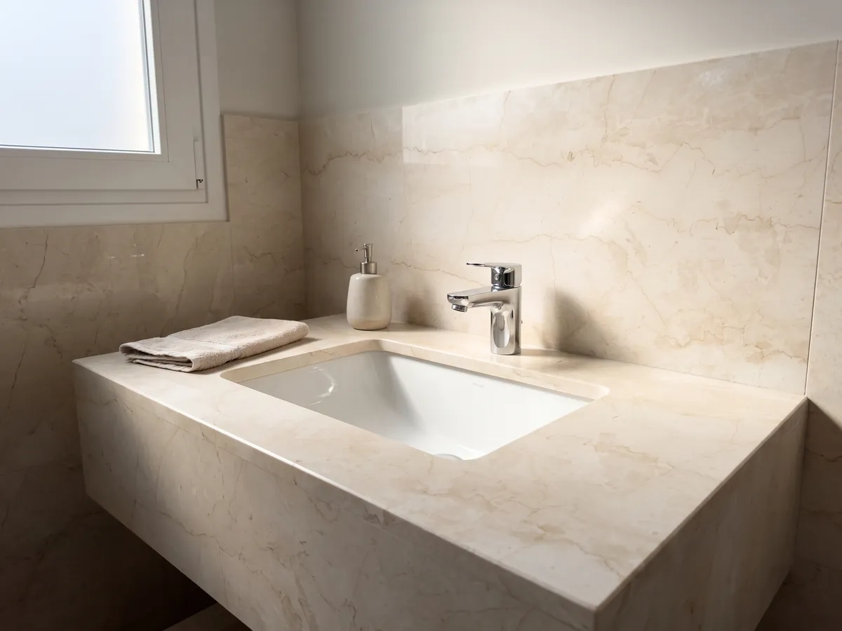 Bathroom vanity top and wall in beige Cremo Italia marble with a white sink and chrome fixtures: light cream with a few fine beige veins