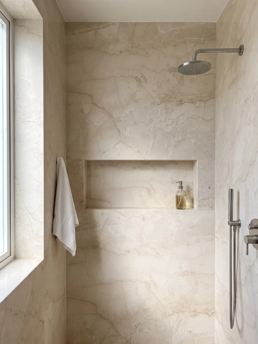 Shower clad in full beige Cremo Italia marble slabs with a recessed niche: light cream with a few fine beige veins