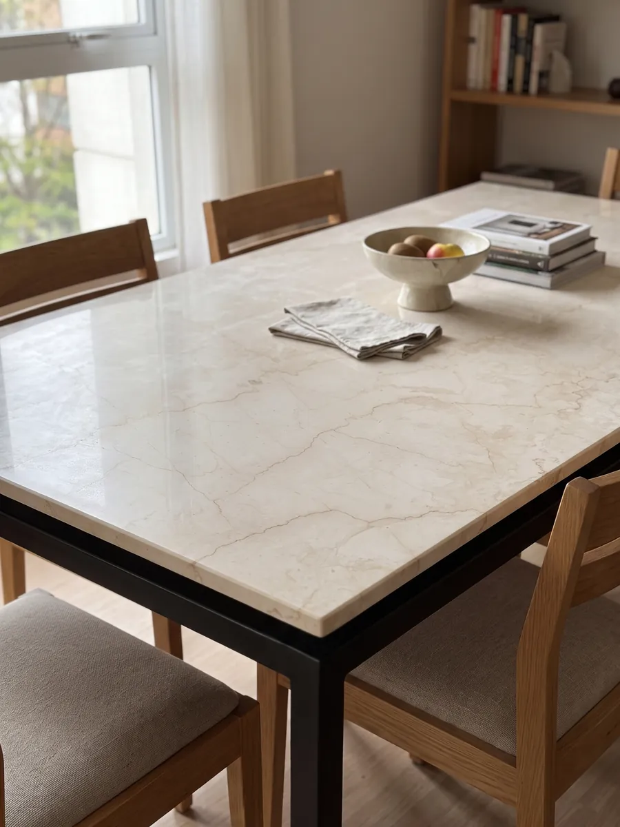 Dining table with a beige Cremo Italia marble top on a steel base: light cream with a few fine beige veins