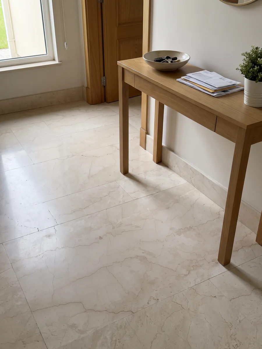 Foyer floor in large beige Cremo Italia marble slabs with natural light: light cream with a few fine beige veins