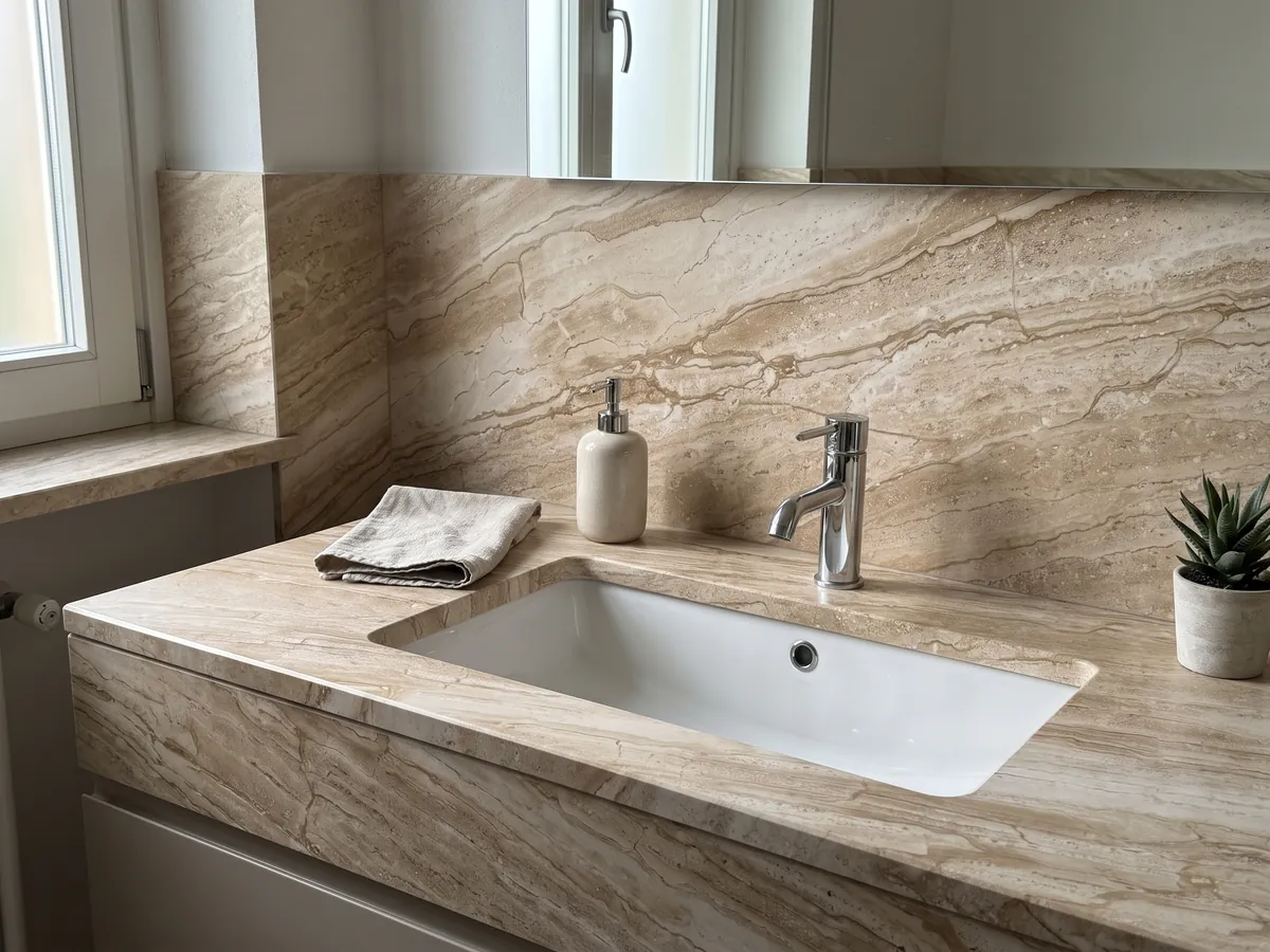 Bathroom vanity top and wall in beige Daino Reale marble with a white sink and chrome fixtures: beige with fine parallel veins running diagonally like wood grain