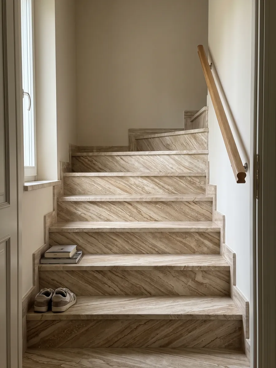 Interior staircase with beige Daino Reale marble steps and a handrail: beige with fine parallel veins running diagonally like wood grain