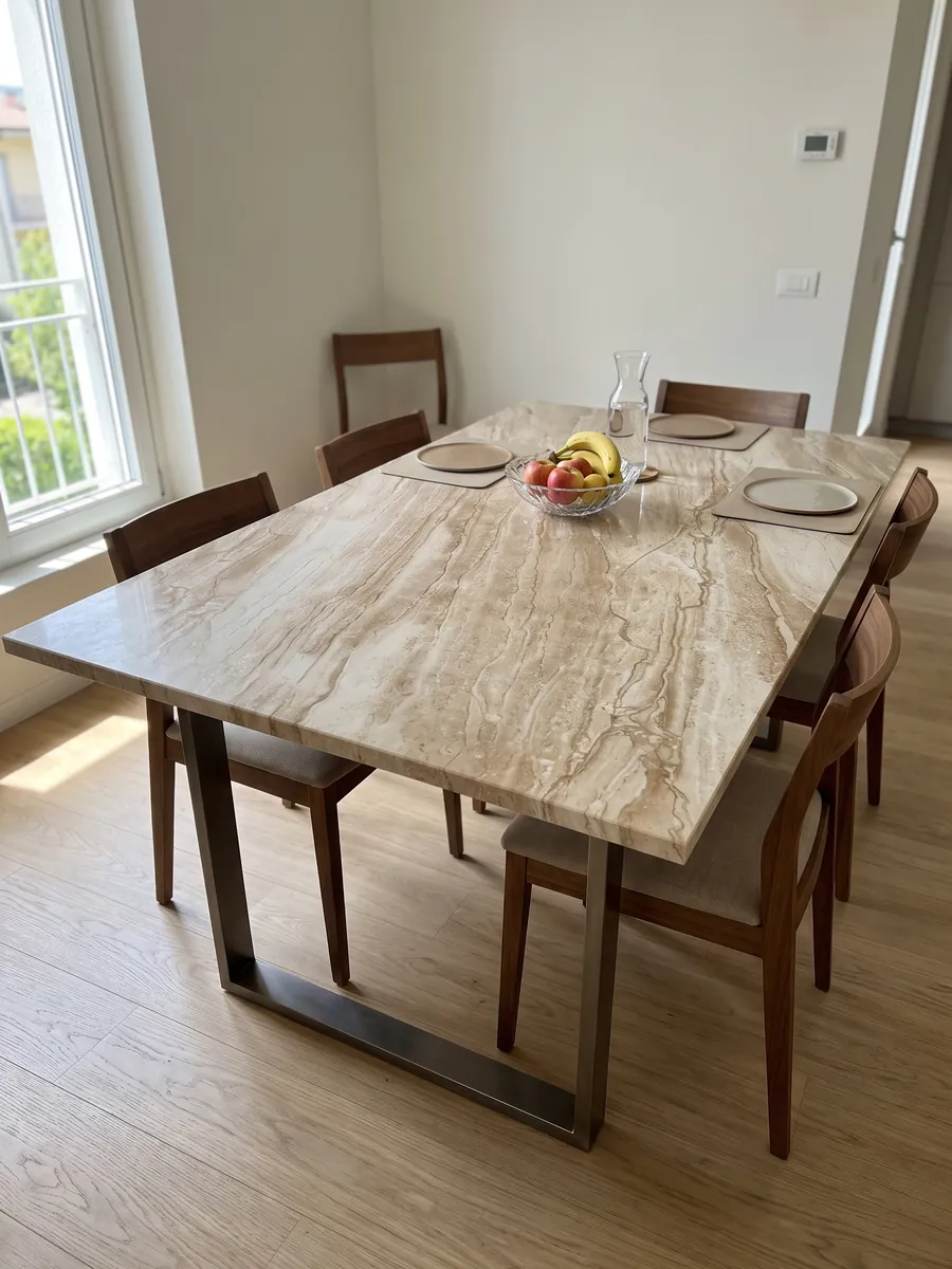 Dining table with a beige Daino Reale marble top on a steel base: beige with fine parallel veins running diagonally like wood grain