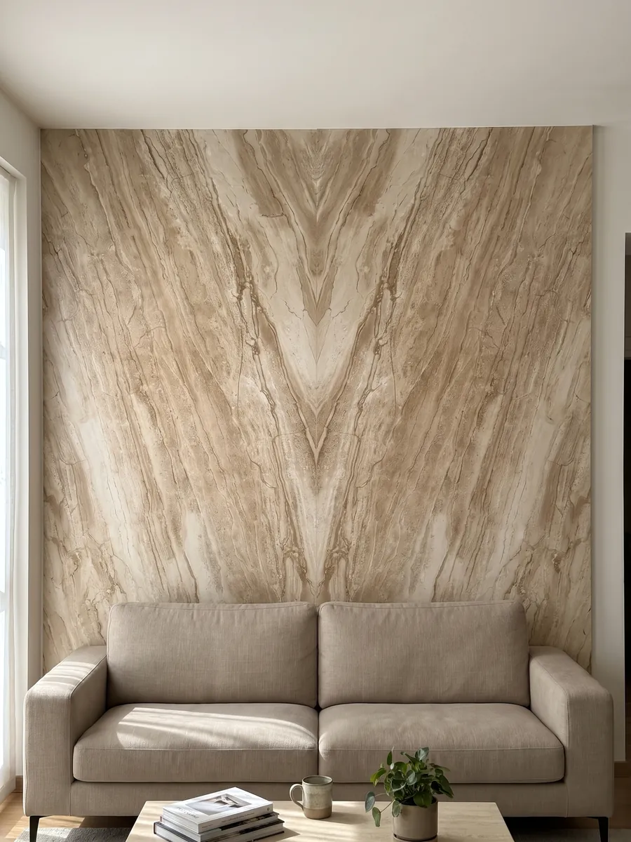 Living room wall clad in bookmatched slabs of beige Daino Reale marble behind a sofa: beige with fine parallel veins running diagonally like wood grain