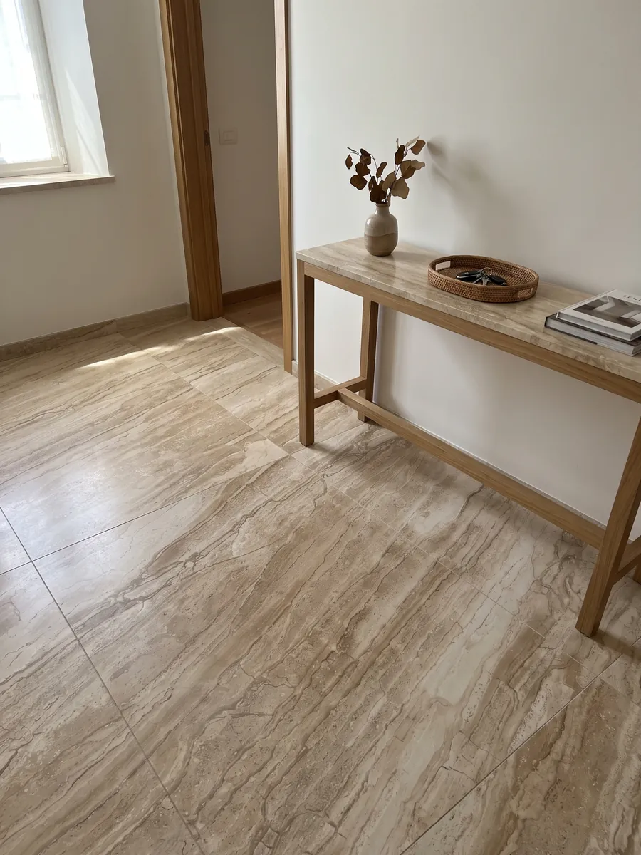 Entryway floor in large slabs of beige Daino Reale marble with natural light: beige with fine parallel veins running diagonally like wood grain
