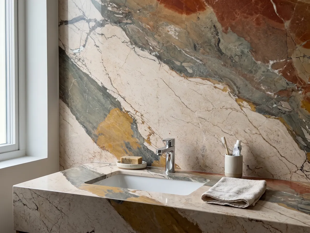 Bathroom vanity top and wall in beige Etna marble with a white sink and chrome faucets: diagonal bands of four very different colors: cream, greenish gray, ochre and rust red