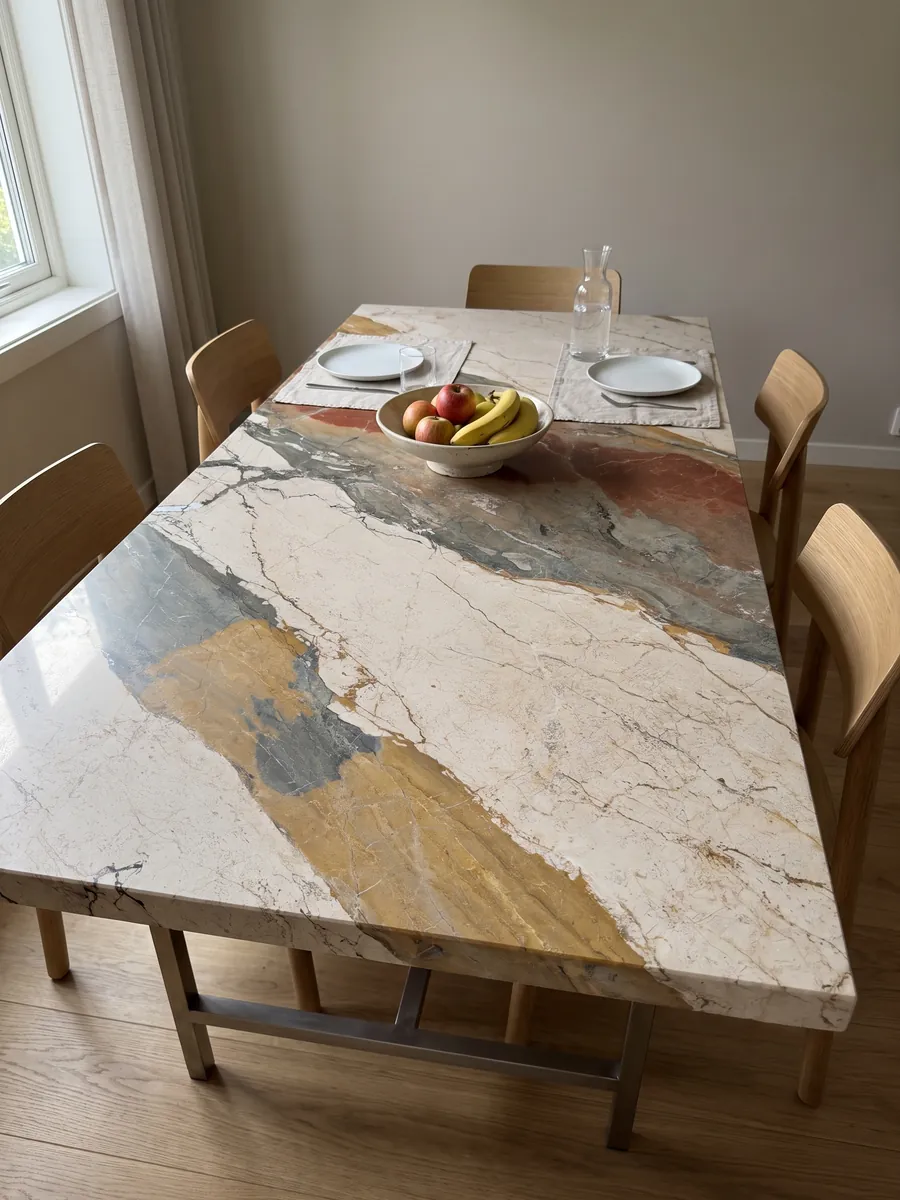 Dining table with a beige Etna marble top on a steel base: diagonal bands of four very different colors: cream, greenish gray, ochre and rust red