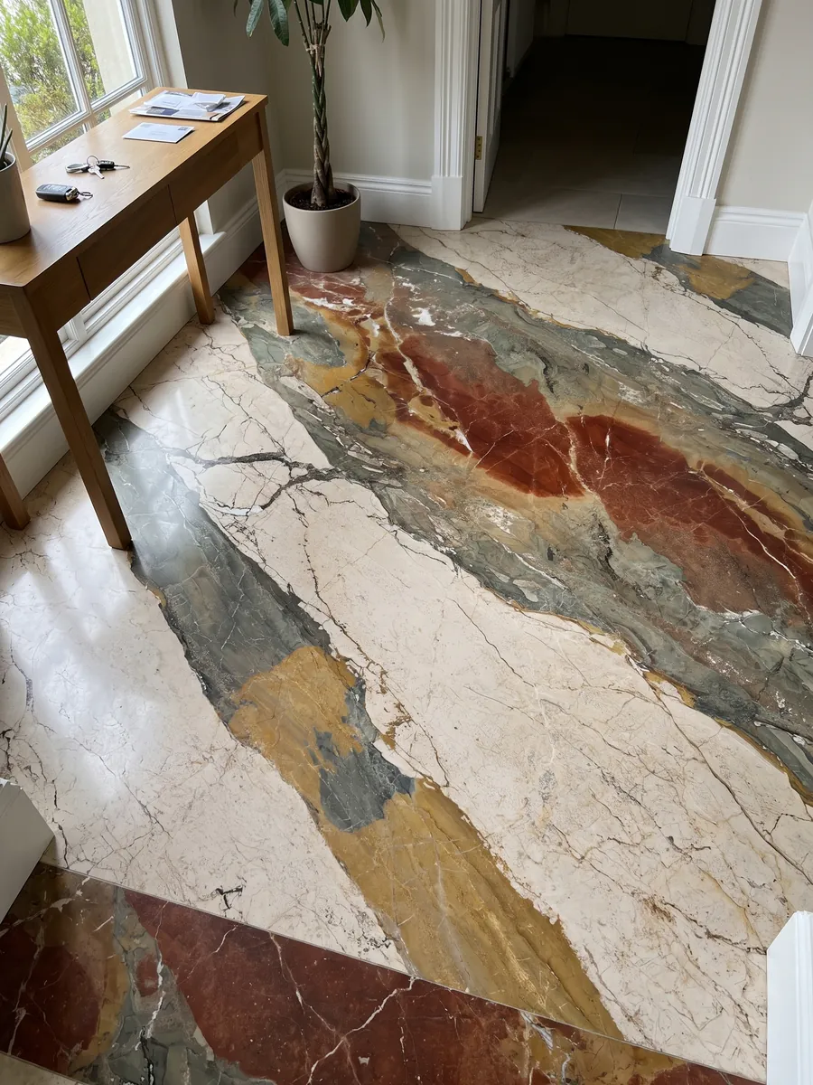 Entryway floor in large slabs of beige Etna marble with natural light: diagonal bands of four very different colors: cream, greenish gray, ochre and rust red