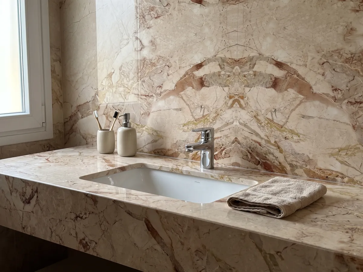 Vanity top and bathroom wall in beige Golden Vein marble with a white sink and chrome faucets: pinkish beige fragments separated by terracotta patches; the pattern looks mirrored