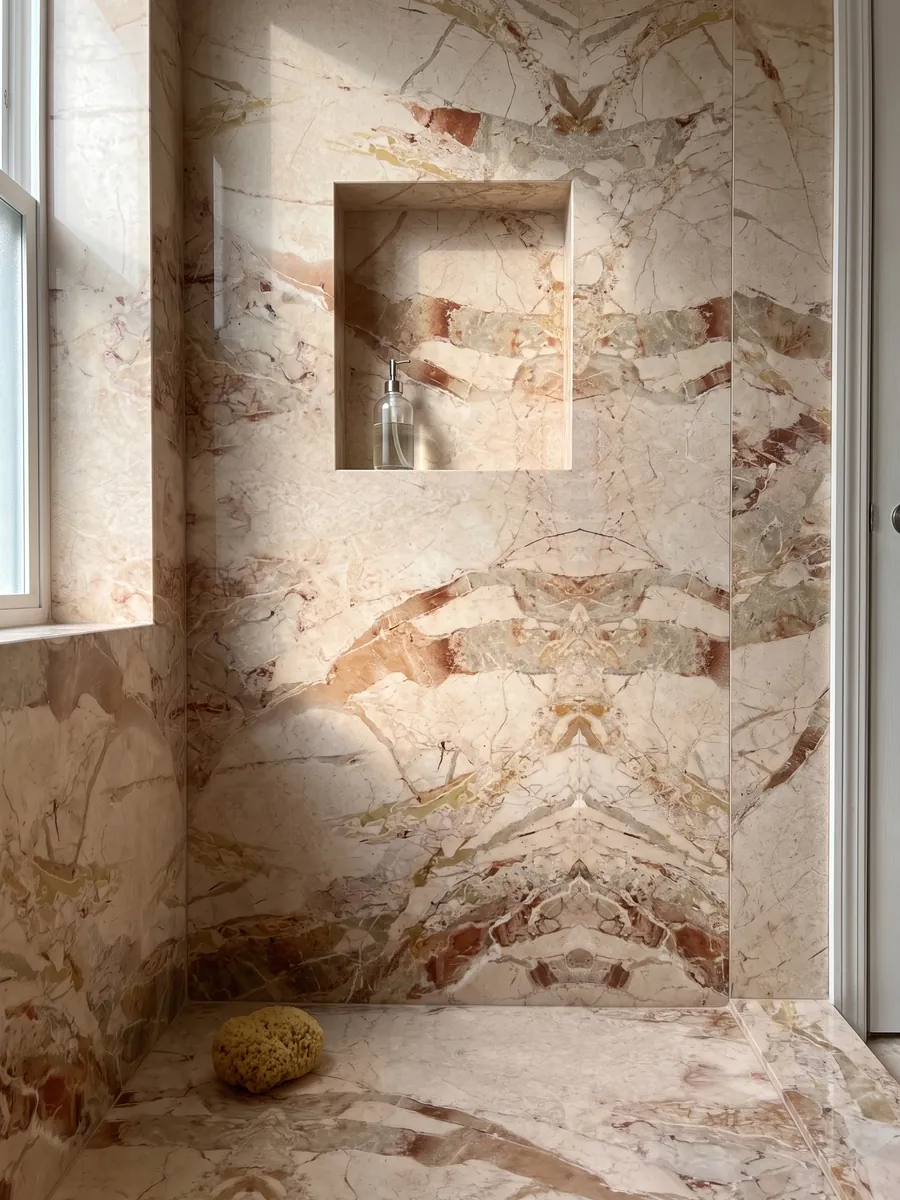 Shower clad in full beige Golden Vein marble slabs with a recessed niche: pinkish beige fragments separated by terracotta patches; the pattern looks like a mirror image
