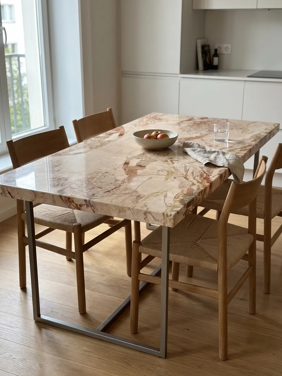Dining table with a beige Golden Vein marble top on a steel base: pinkish beige fragments separated by terracotta patches; the pattern looks like a mirror image