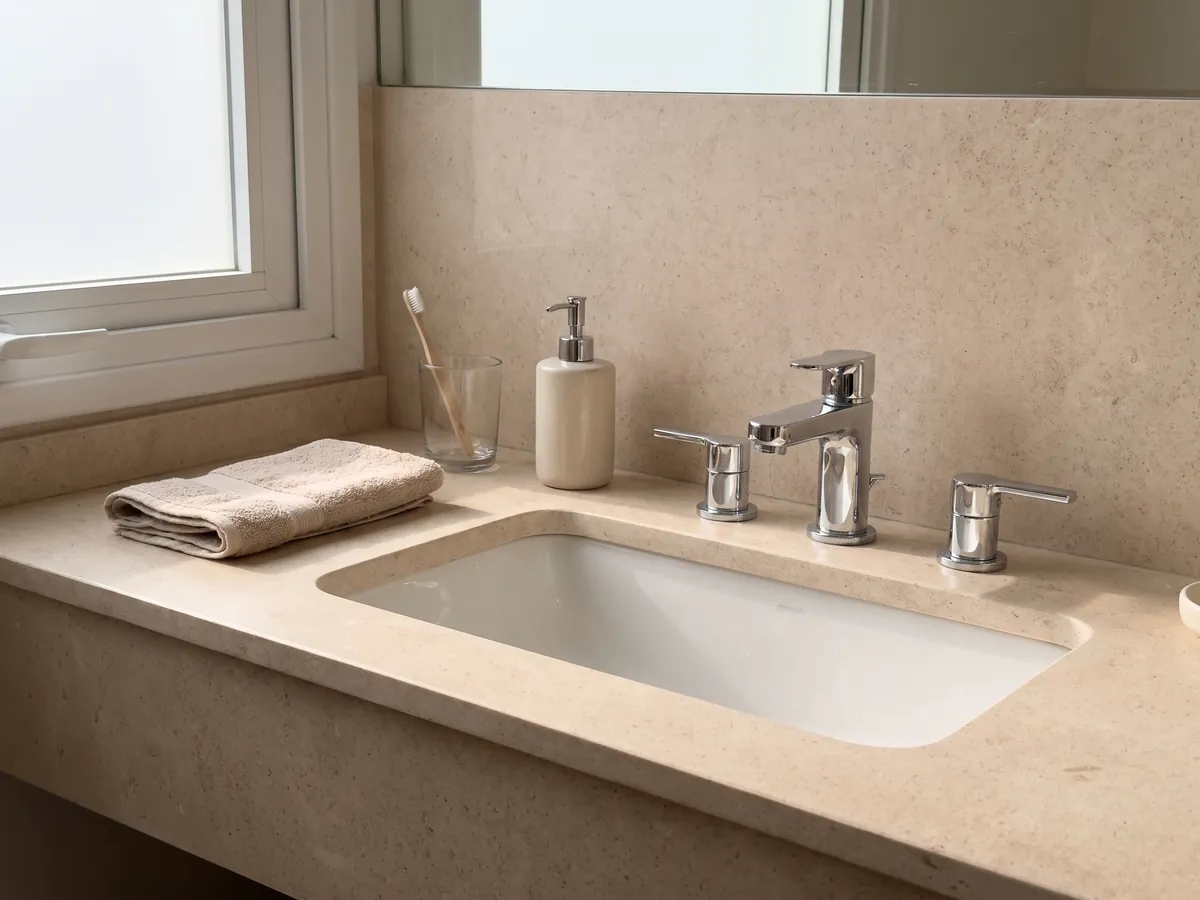 Bathroom vanity top and wall in beige Masai marble with a white sink and chrome faucet: an even, light pinkish cream, fine-grained and vein-free
