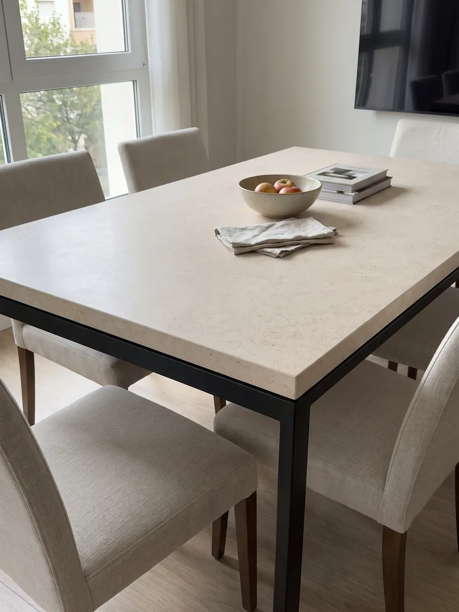 Dining table with a beige Masai marble top on a steel base: light, even pinkish cream, fine-grained with no veins