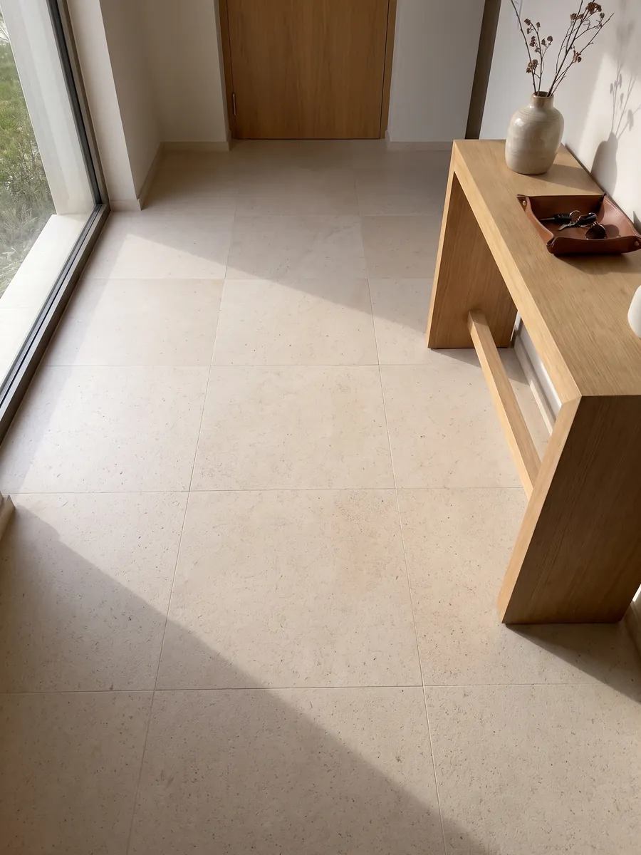 Entryway floor in large beige Masai marble slabs with natural light: light, even pinkish cream, fine-grained with no veins
