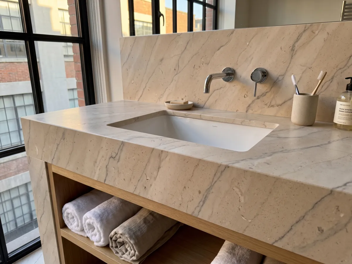 Vanity top and bathroom wall in Beige Maya marble with a white sink and chrome faucets: warm beige with soft gray veins and small fossils
