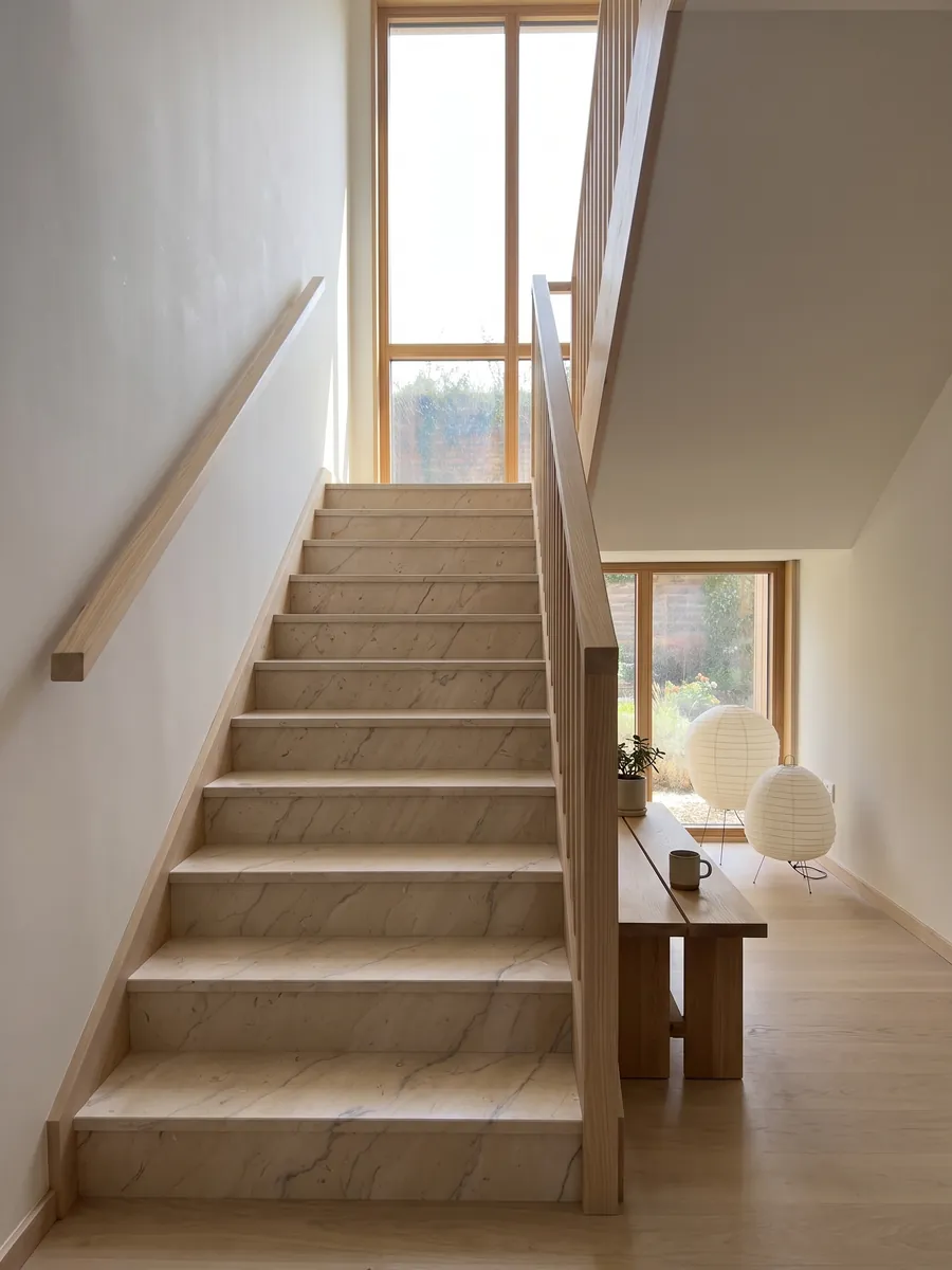 Interior staircase with Beige Maya marble steps and a handrail: warm beige with soft gray veins and small fossils