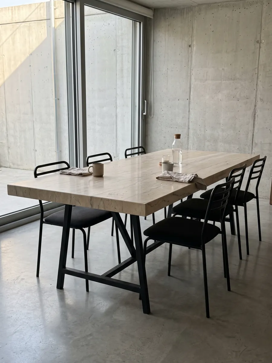 Dining table with a Beige Maya marble top on a steel base: warm beige with soft gray veins and small fossils