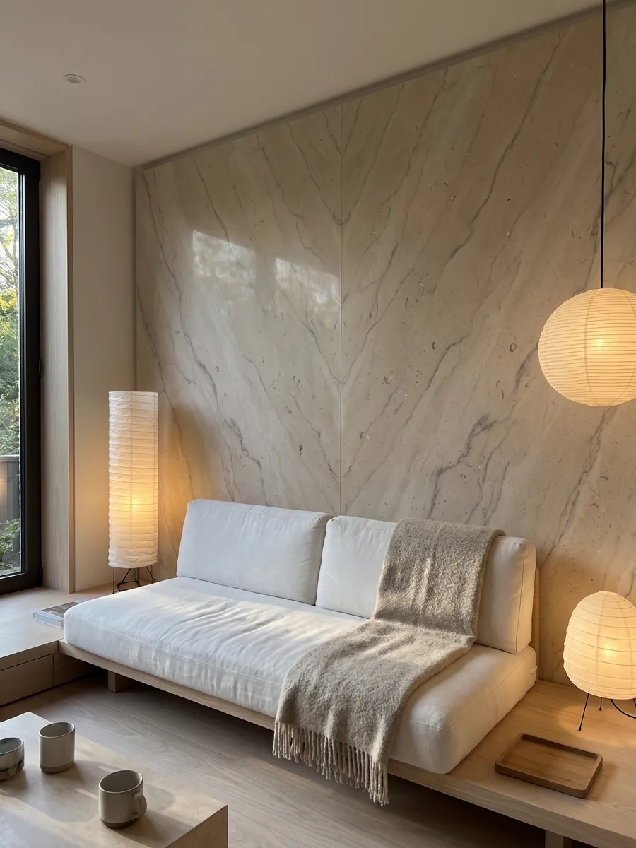 Living room wall clad in bookmatched Beige Maya marble slabs behind a sofa: warm beige with soft gray veins and small fossils