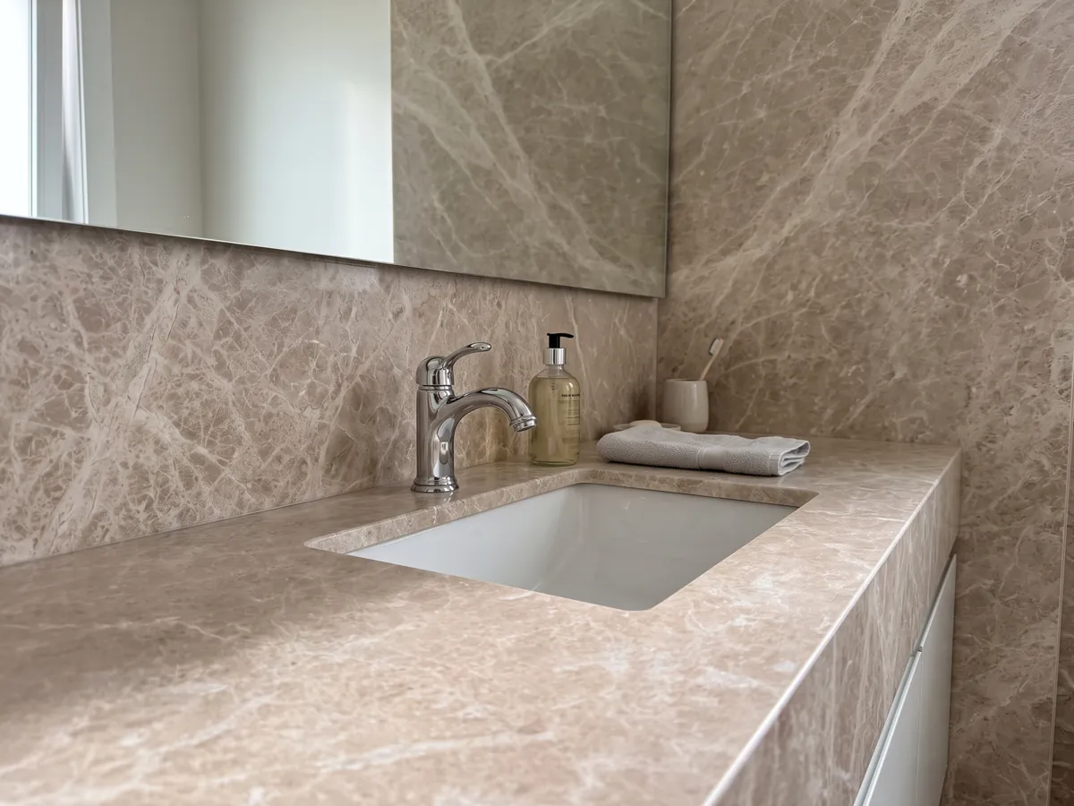 Vanity top and bathroom wall in beige Monaco Light marble with a white sink and chrome faucet: pinkish beige with a fine, even network of cream-colored veins