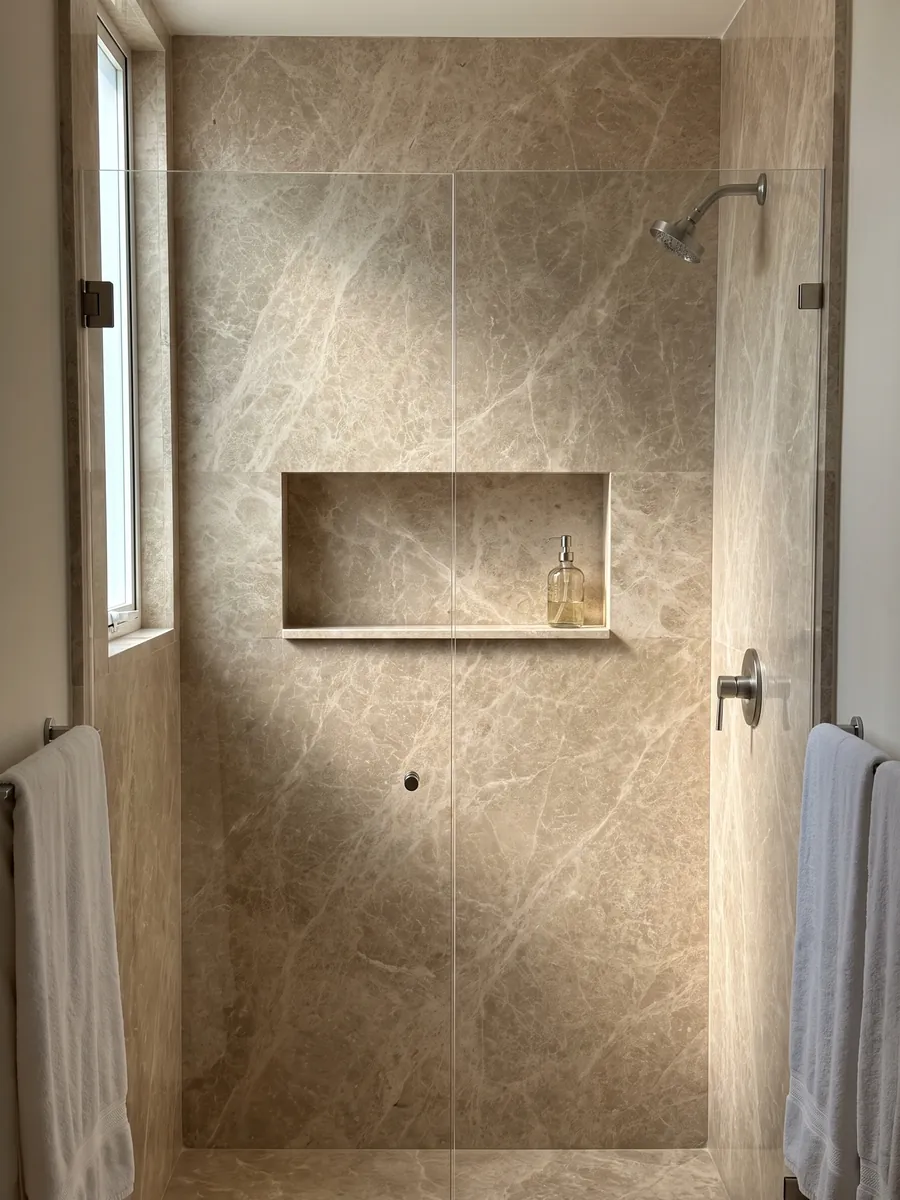 Shower clad in full beige Monaco Light marble slabs with a recessed niche: pinkish beige with a fine, even network of cream-colored veins