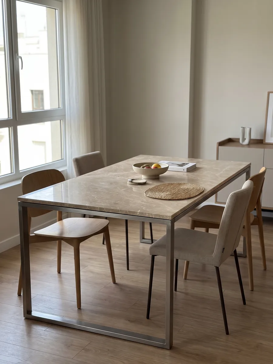 Dining table with a beige Monaco Light marble top on a steel base: pinkish beige with a fine, even network of cream-colored veins