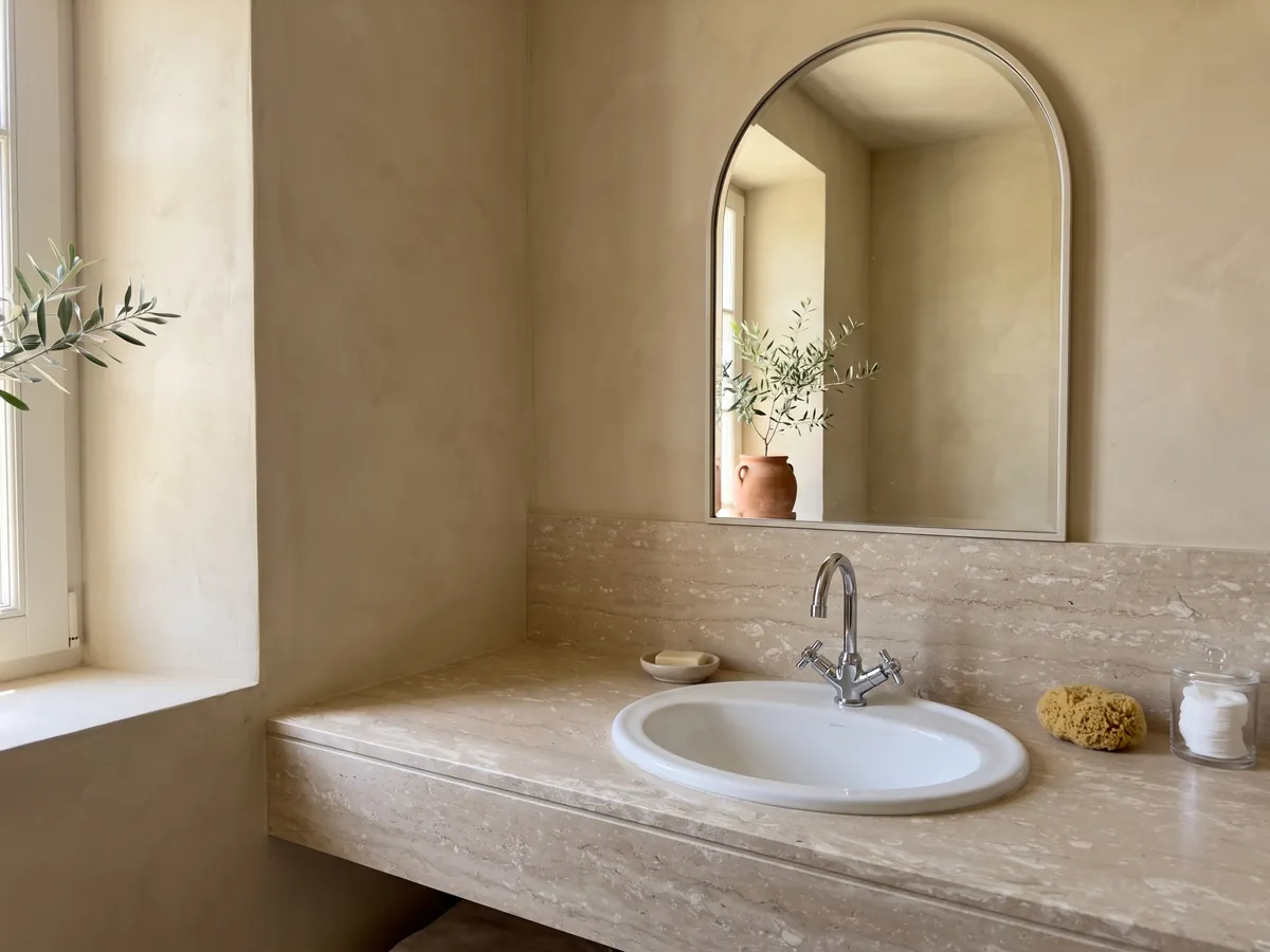 Vanity top and bathroom wall in beige Perlatino marble with a white sink and chrome faucets: beige with small cream spots lined up horizontally