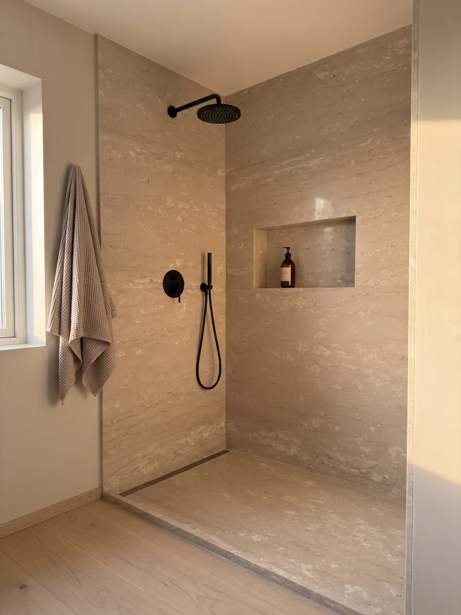 Shower clad in full beige Perlatino marble slabs with a recessed niche: beige with small cream spots lined up horizontally