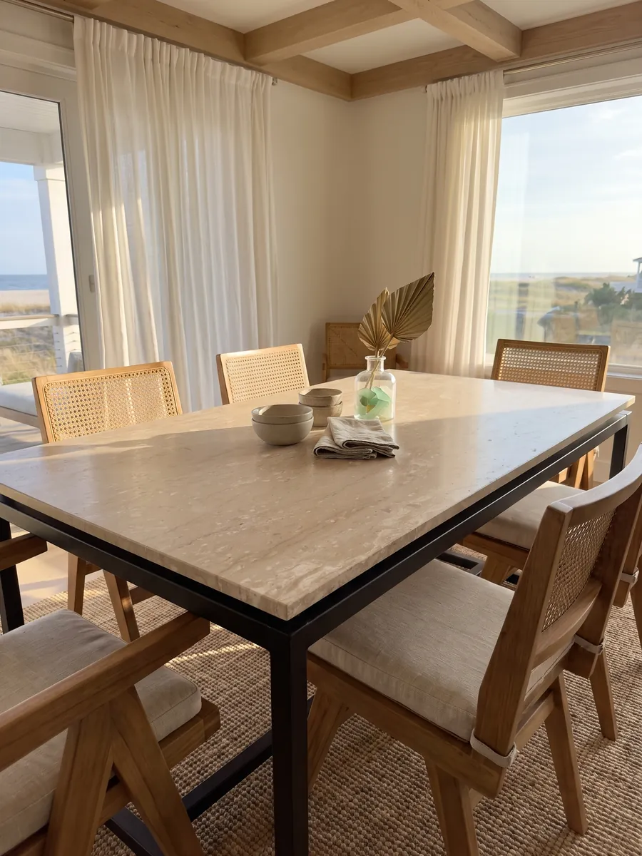 Dining table with a beige Perlatino marble top on a steel base: beige with small cream spots lined up horizontally