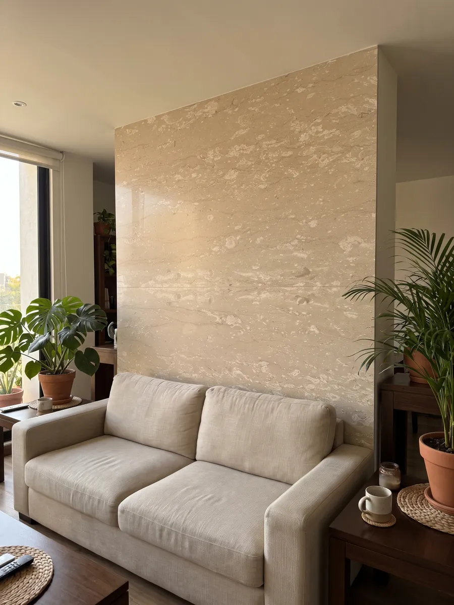 Living room wall clad in bookmatched beige Perlatino marble slabs behind a sofa: beige with small cream spots lined up horizontally