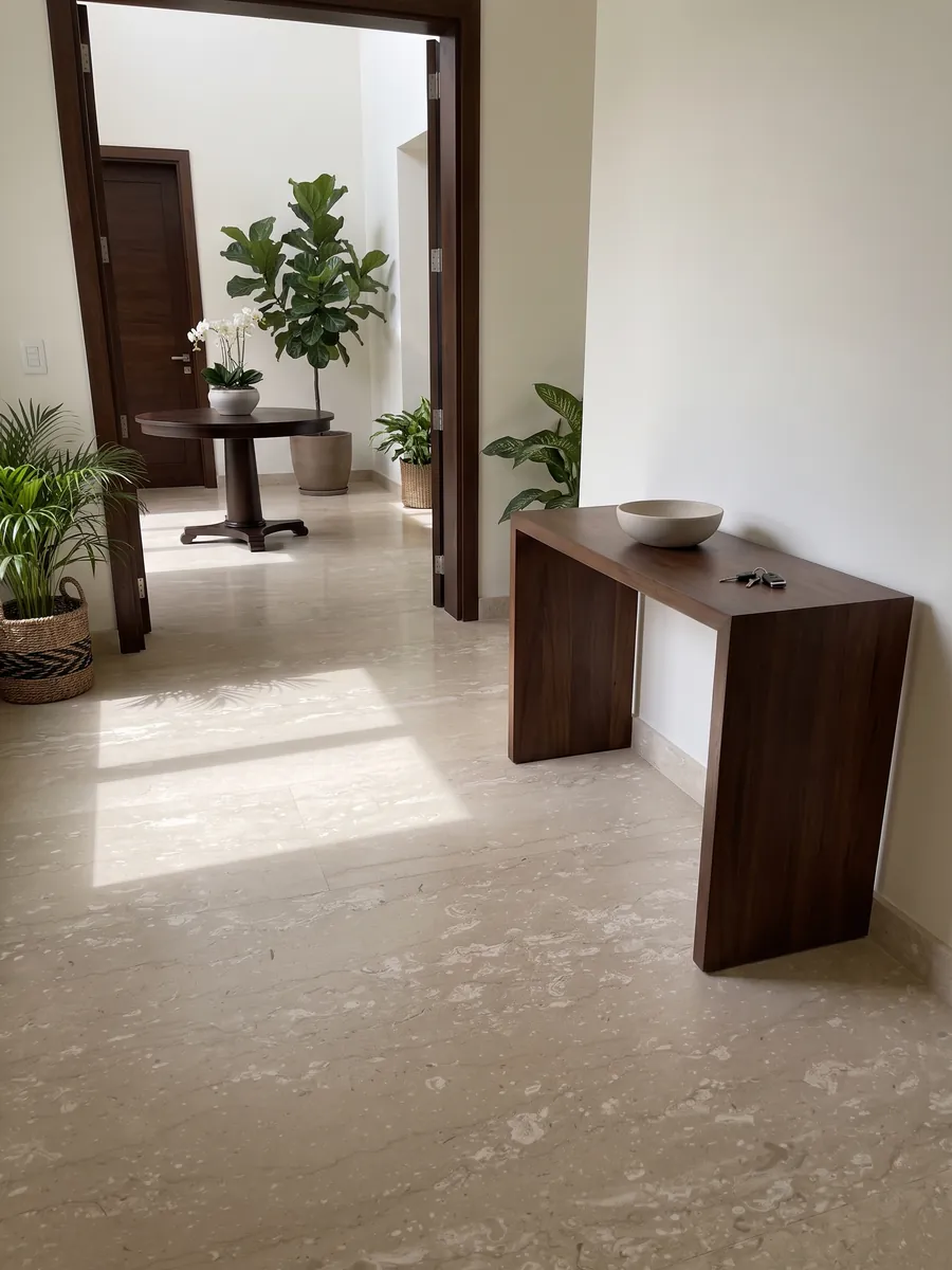 Entryway floor in large beige Perlatino marble slabs with natural light: beige with small cream spots lined up horizontally