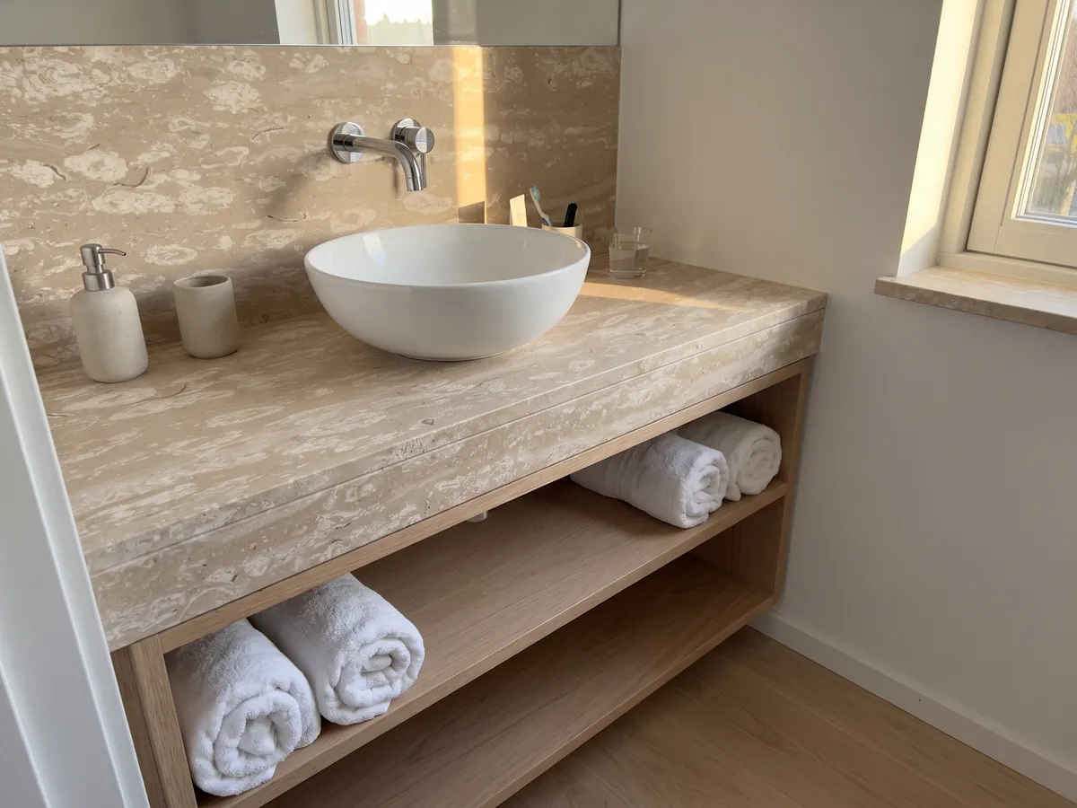 Vanity top and bathroom wall in beige Perlato Royal marble with a white sink and chrome faucets: beige scattered with rounded cream spots in horizontal bands