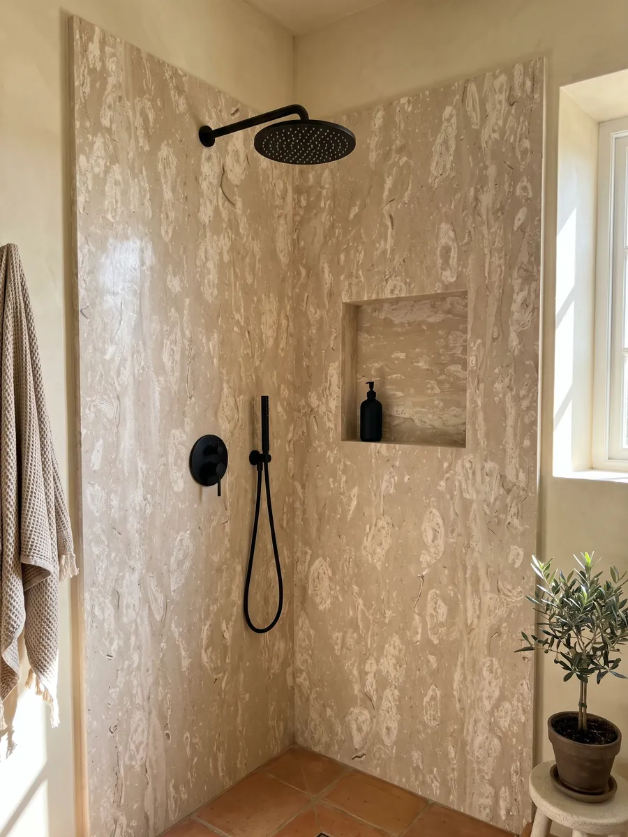 Shower clad in full Perlato Royal beige marble slabs with a recessed niche: beige scattered with rounded cream patches in horizontal bands