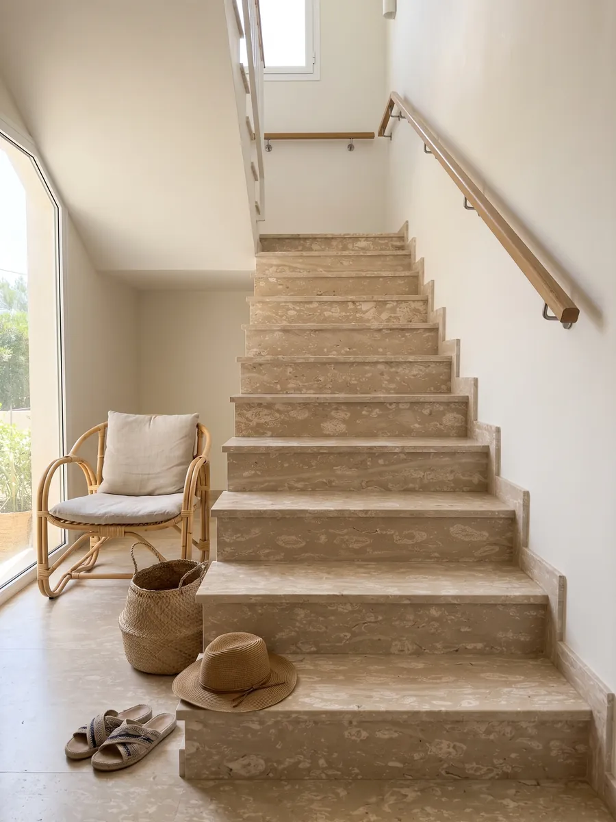 Interior staircase with Perlato Royal beige marble treads and a handrail: beige scattered with rounded cream patches in horizontal bands