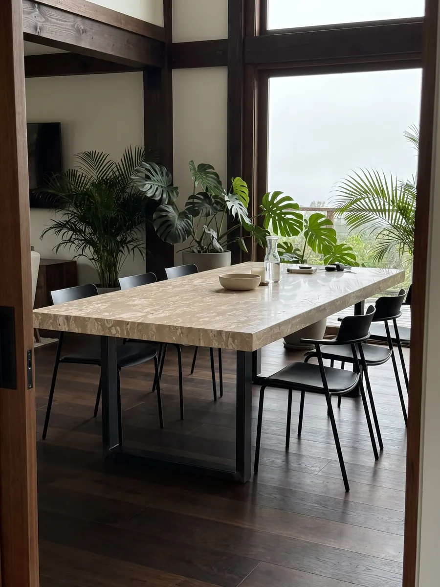 Dining table with a Perlato Royal beige marble top on a steel base: beige scattered with rounded cream patches in horizontal bands