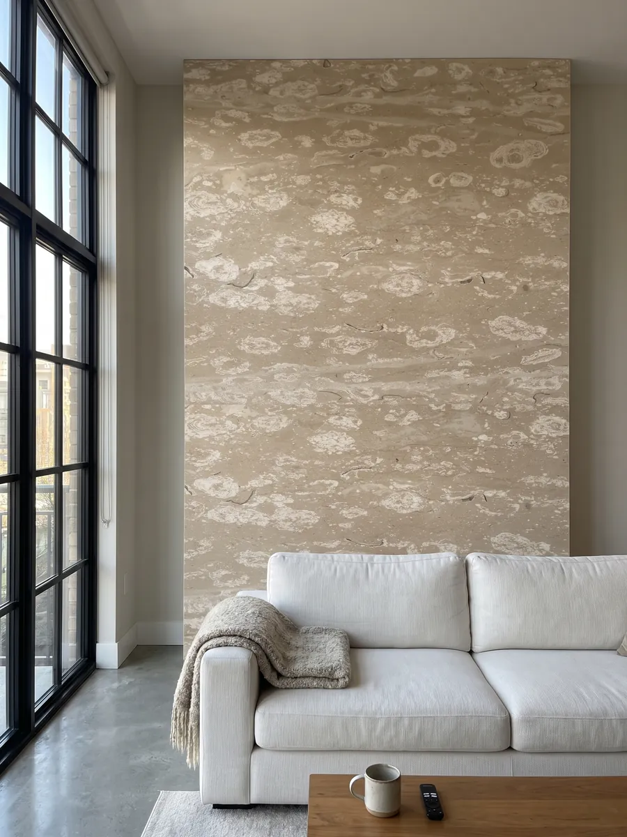 Living room wall clad in bookmatched Perlato Royal beige marble slabs behind a sofa: beige scattered with rounded cream patches in horizontal bands